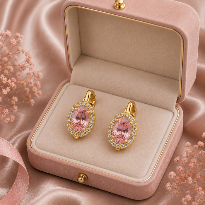Cercei otel inoxidabil placati cu aur 18K toarte cu cristal oval roz Pink Duchess GB Signature [3]