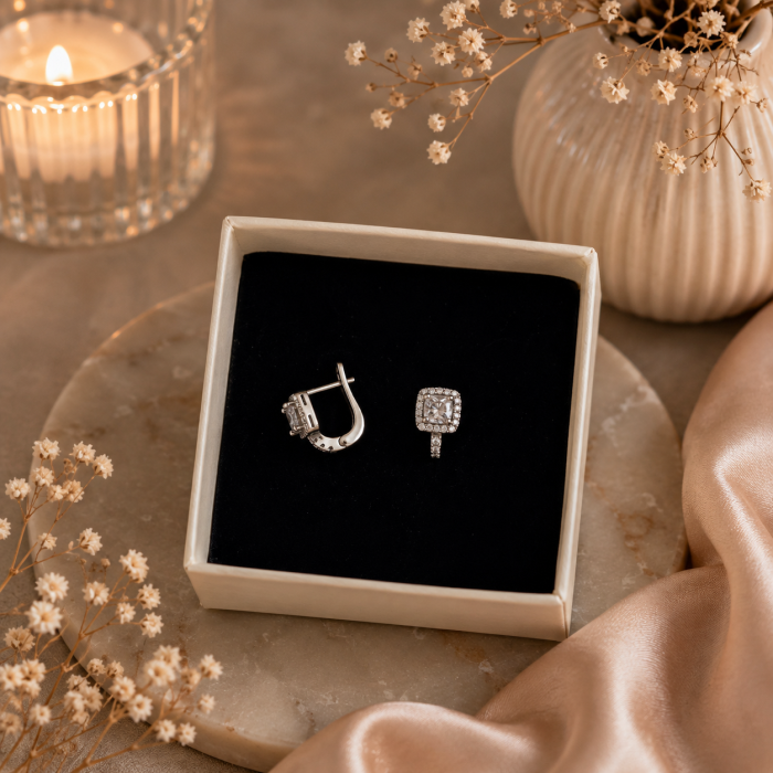 Cercei din argint 925 rodiat cu piatra patrata centrala si halo de zirconii Royal Spark Earrings GB Signature [2]