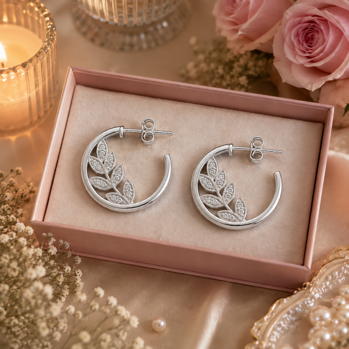 Cercei din argint 925 rodiat semi creole cu frunze de laur encrustate cu zirconii Silver Laurel Earrings GB Signature [2]