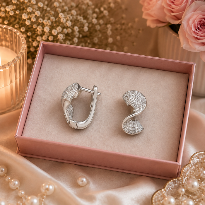 Cercei din argint 925 rodiat cu design ondulat si zirconii transparente Silver Wave Earrings GB Signature [2]