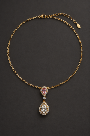 Lănțișoare otel inxidabil placate cu aur 18K - Colier placat cu aur Princess Blush Necklace cu cristale roz și zirconii