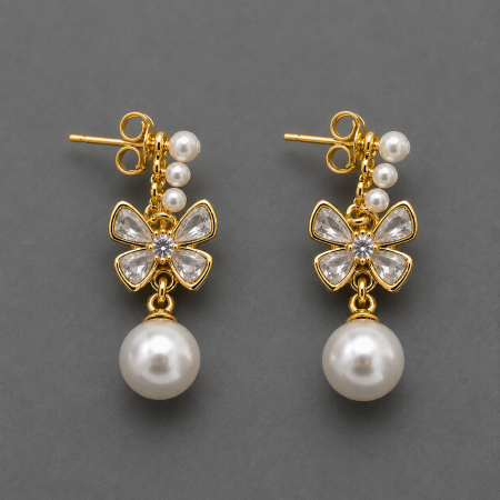 Cercei otel inoxidabil placati cu aur 18K - Cercei otel inoxidabil placati cu aur 18K cu perle si fluture din cristale albe Elysee White Earrings GB Signature