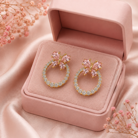 Cercei otel inoxidabil placati cu aur 18K cerc cu fluture din cristale roz Butterfly Grace GB Signature [2]