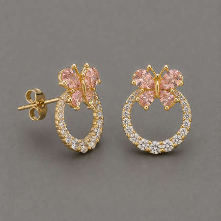 Cercei otel inoxidabil placati cu aur 18K - Cercei otel inoxidabil placati cu aur 18K cerc cu fluture din cristale roz Butterfly Grace GB Signature