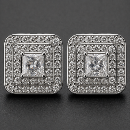 Cercei patrati placati cu aur alb 18K Crystal Maze cu zirconiu si dublu halo GBSignature [1]