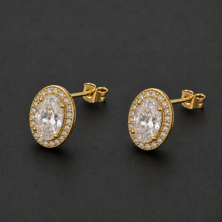 Cercei otel inoxidabil placati cu aur 18K - Cercei placati cu aur 18K All Eyes on You cu zirconiu oval halo GBSignature