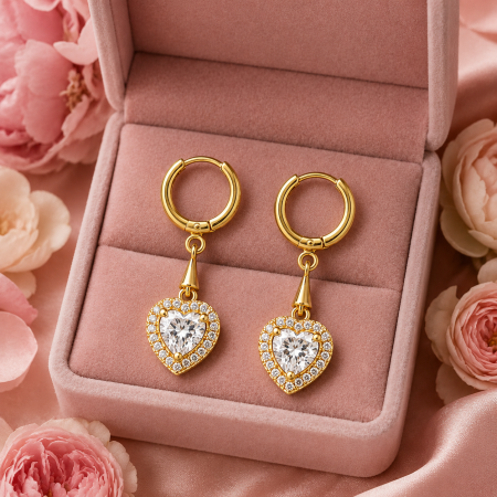 Cercei suspendati placati cu aur galben 18K White Crystal cu zirconiu inima si halo GBSignature [2]