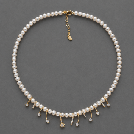 Colier otel inoxidabil placat cu aur 18K cu perle albe si franjuri cu zirconii Elysee Necklace GB Signature