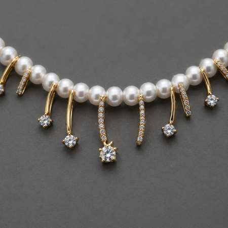 Colier otel inoxidabil placat cu aur 18K cu perle albe si franjuri cu zirconii Elysee Necklace GB Signature [1]