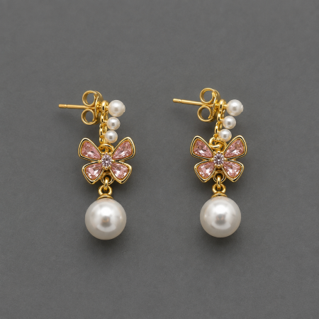 Cercei otel inoxidabil placati cu aur 18K - Cercei otel inoxidabil placati cu aur 18K cu perle si fluture din cristale roz Elysée Pink Earrings GB Signature