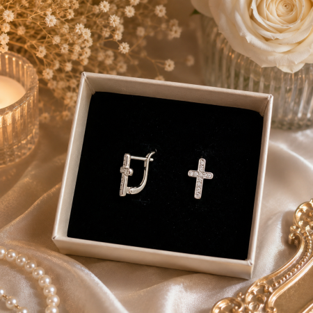 Cercei din argint 925 nerodiat in forma de cruce pavata cu zirconii Holy Light Earrings GB Signature [1]