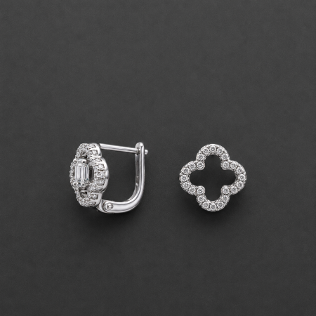 Cercei din argint 925 rodiat Lucky Clover in forma de trifoi decupat cu zirconii pe contur
