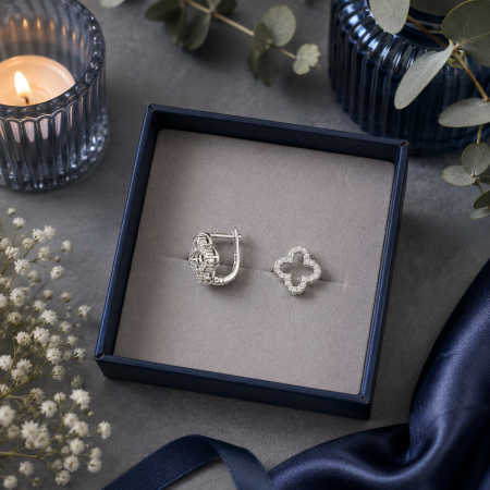 Cercei din argint 925 rodiat Lucky Clover in forma de trifoi decupat cu zirconii pe contur [1]