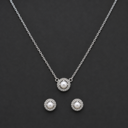 Seturi Argint - Set bijuterii din argint 925 rodiat cu colier si cercei halo cu perle si zirconii Pearl Halo GB Signature
