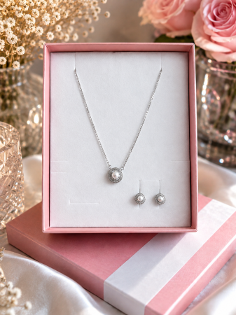 Set bijuterii din argint 925 rodiat cu colier si cercei halo cu perle si zirconii Pearl Halo GB Signature [1]
