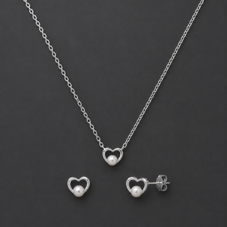 Seturi Argint - Set bijuterii din argint 925 cu colier si cercei in forma de inima cu perla Pearl Heart GB Signature