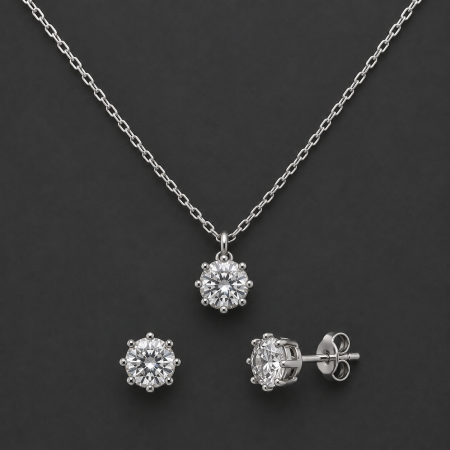 Seturi Argint - Set bijuterii din argint 925 rodiat cu colier si cercei solitaire cu zirconiu transparent Pure Radiance GB Signature