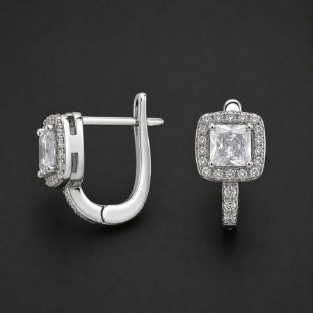 Cercei Argint - Cercei din argint 925 rodiat cu piatra patrata centrala si halo de zirconii Royal Spark Earrings GB Signature