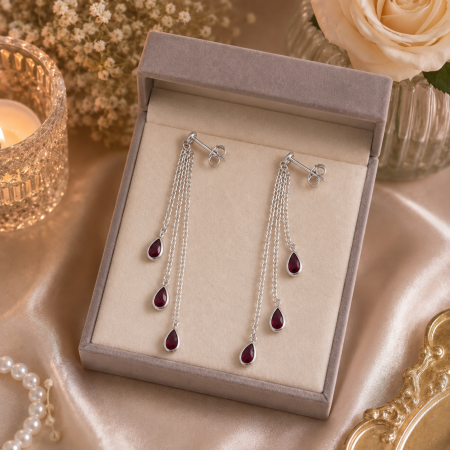 Cercei lungi din argint 925 rodiat in cascada cu zirconii rosu roz forma lacrima Ruby Cascade Earrings GB Signature [1]