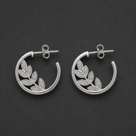 Cercei Argint - Cercei din argint 925 rodiat semi creole cu frunze de laur encrustate cu zirconii Silver Laurel Earrings GB Signature