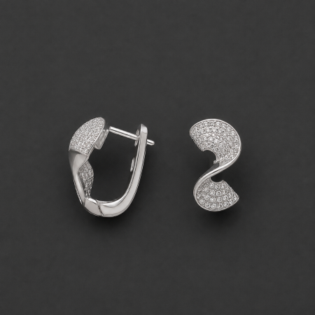 Cercei Argint - Cercei din argint 925 rodiat cu design ondulat si zirconii transparente Silver Wave Earrings GB Signature
