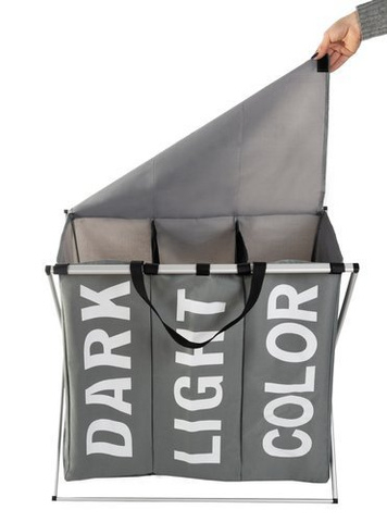 Cos de rufe pliabil, 3 compartimente sortare, 130 de Litri, Dark/Light/Color, 64.5 x 58 x 36.5 cm, Material textil impermeabil Oxford + cadru aluminiu, culoare Gri [1]