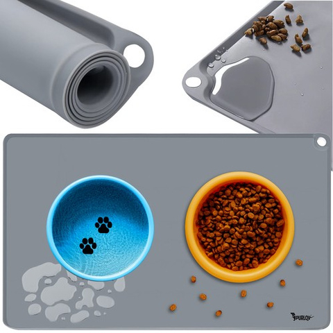Covoras XL din silicon pentru boluri animale, protectie podea 60x40 cm, margini inalte anti-varsare, antiderapant, gri [4]