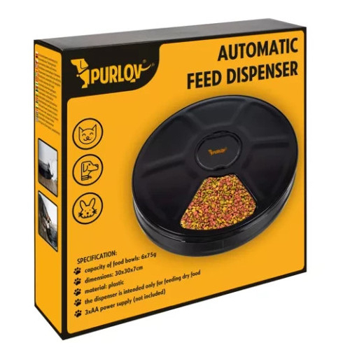 Dispenser Automat hrana animale Purlov, 30 cm, 900 ml, 6 compartimente, 6 programe, Negru [2]