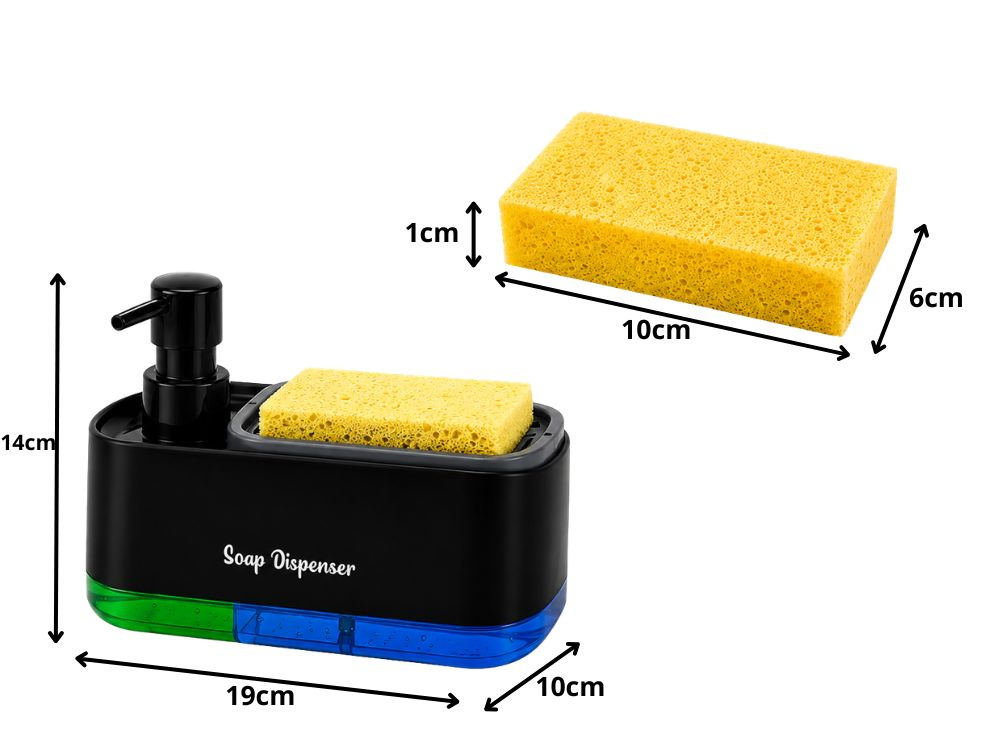 Dozator Detergent Vase cu Suport Burete, Rezervor 2 Compartimente, Dispenser Manual prin Apasare, Organizator Chiuveta, Negru [10]