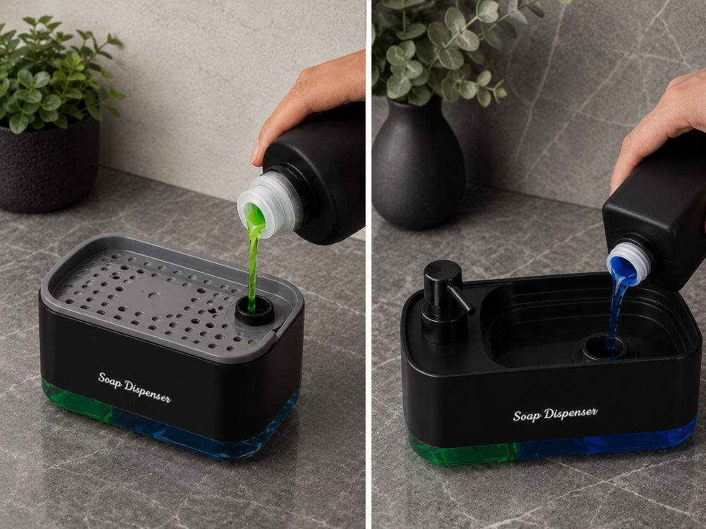 Dozator Detergent Vase cu Suport Burete, Rezervor 2 Compartimente, Dispenser Manual prin Apasare, Organizator Chiuveta, Negru [8]