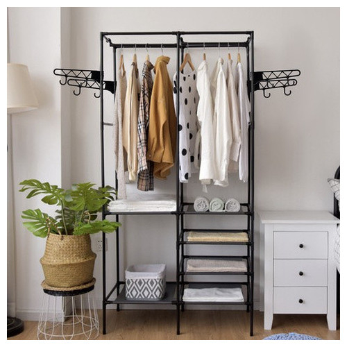 Dulap deschis pentru haine, cu rafturi textile si bara umerase, structura metalica, 173 cm, negru [5]
