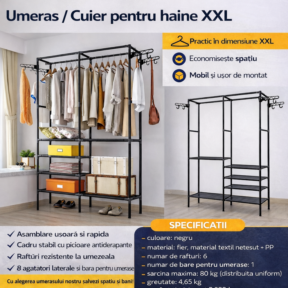 Dulap deschis pentru haine, cu rafturi textile si bara umerase, structura metalica, 173 cm, negru [2]