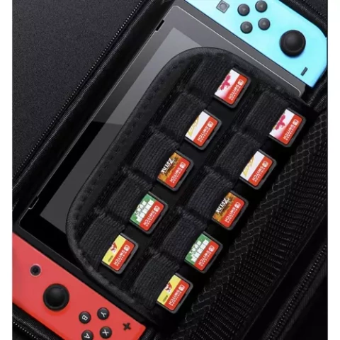 Husa rigida pentru consola, Dunmoon, protectie anti-soc, spatiu pentru jocuri si accesorii, fermoar sigur, negru/rosu [5]