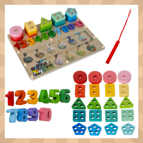 Jucarie de Sortat Montessori, 3-in-1, Labirint Magnetic, Cifre si Forme, 30 x 22.5 cm, Multicolor [5]