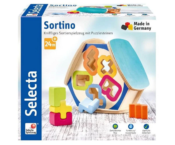 Jucarie educativa din lemn Selecta Sortino, sortator de forme geometrice, puzzle de sortare, multicolor, 22.6 x 20.5 x 11.3 cm, 24 luni+ [1]