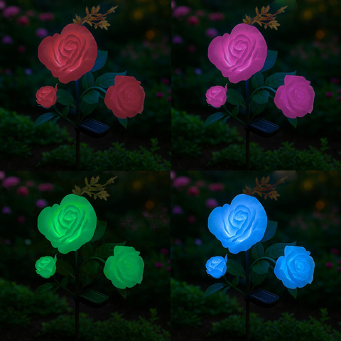 Lampa solara gradina tip trandafir LED, 3 flori decorative, iluminare multicolor, rezistenta la apa IP44, senzor crepuscular, 80 cm [2]