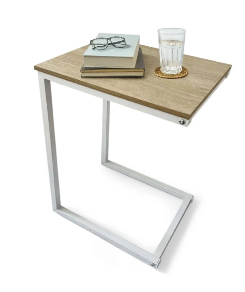 Masuta Laterala Sofa Moblekit, Design modern tip C, pentru living si dormitor, 40 x 30 x 60 cm, MDF + Metal, culoare Stejar/Alb [3]