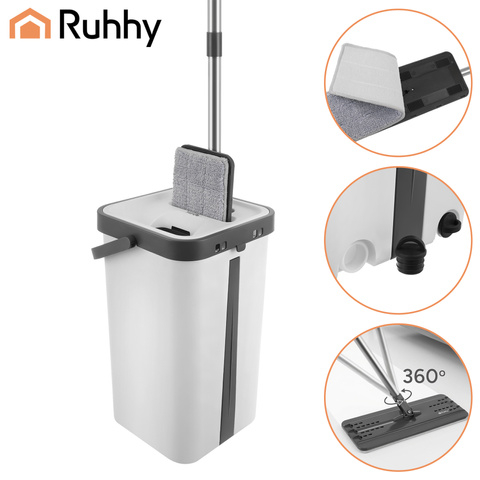 Mop plat RUHHY cu galeata 11L, 2 compartimente pentru apa curata si murdara, sistem stoarcere, cap rotativ 360°, 3 lavete [2]