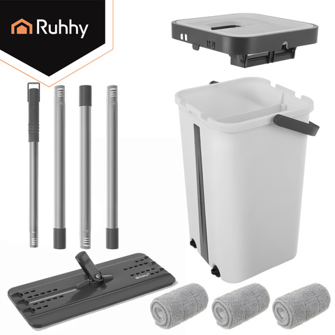 Mop plat RUHHY cu galeata 11L, 2 compartimente pentru apa curata si murdara, sistem stoarcere, cap rotativ 360°, 3 lavete [5]