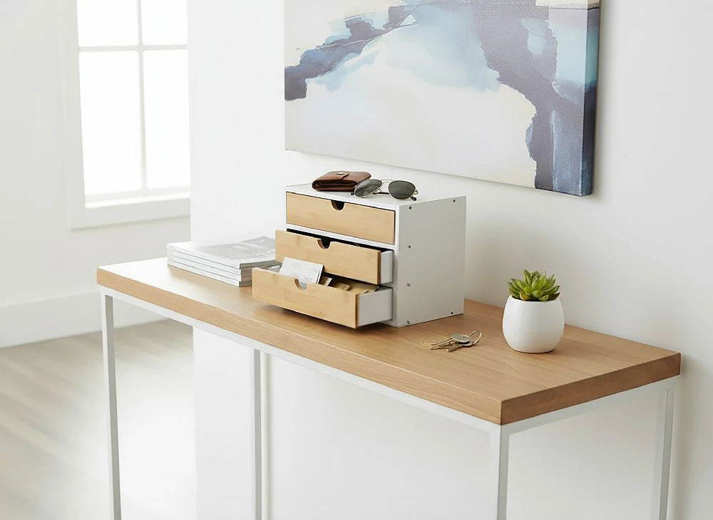 Organizator Birou cu 3 Sertare Comfortime, Depozitare pentru cosmetice si accesorii, 30.8 x 19.7 x 22.1 cm, Bambus + MDF, culoare Alb/Natur [5]