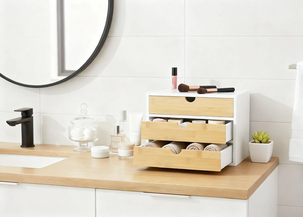 Organizator Birou cu 3 Sertare Comfortime, Depozitare pentru cosmetice si accesorii, 30.8 x 19.7 x 22.1 cm, Bambus + MDF, culoare Alb/Natur [4]