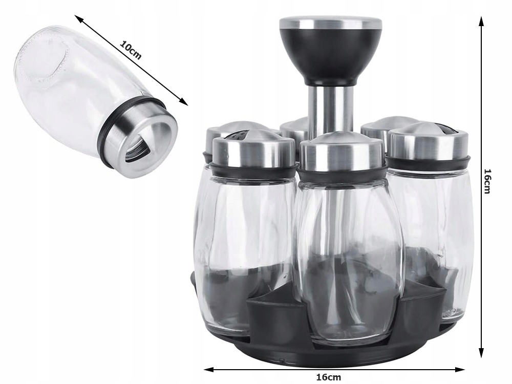 Organizator de condimente rotativ, 6 recipiente, 125 ml, Sticla si ABS, 16x16 cm, culoare Argintiu [6]
