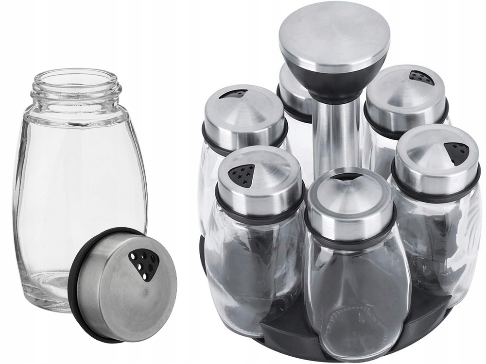 Organizator de condimente rotativ, 6 recipiente, 125 ml, Sticla si ABS, 16x16 cm, culoare Argintiu [4]