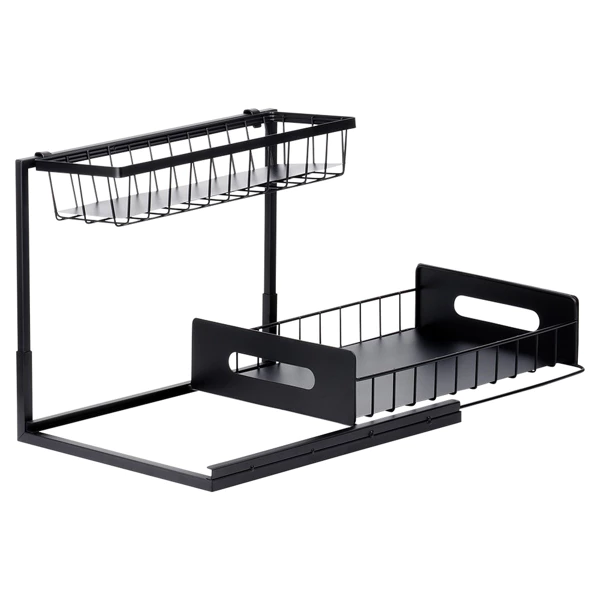 Organizator Sub Chiuveta 2 Niveluri cu Sertar Glisant, Raft Metalic pentru Dulap Bucatarie, Suport Depozitare Produse Curatenie, 36 x 27 x 28.5 cm [2]