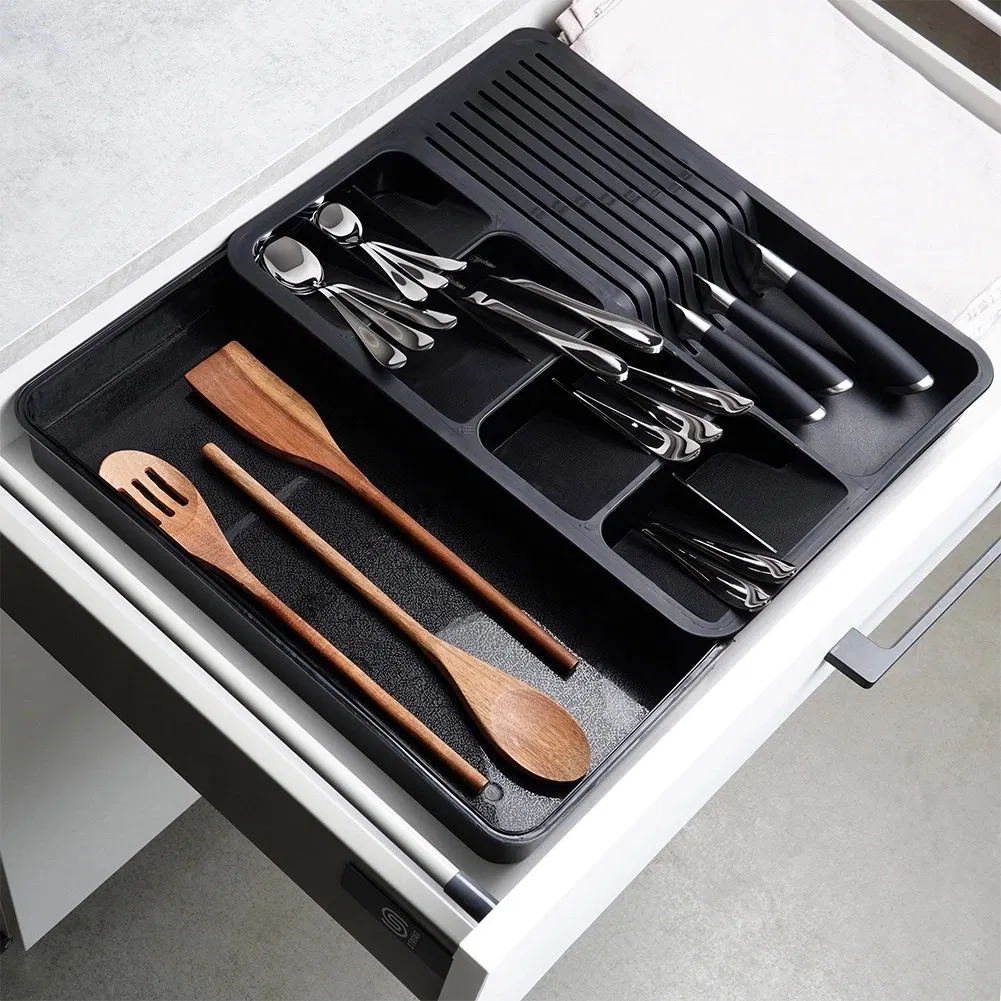 Organizator Tacamuri Vilde pentru sertar, Extensibil 40-45 x 31 cm, 10 compartimente, Plastic, compartiment pentru cutite, culoare Negru [5]