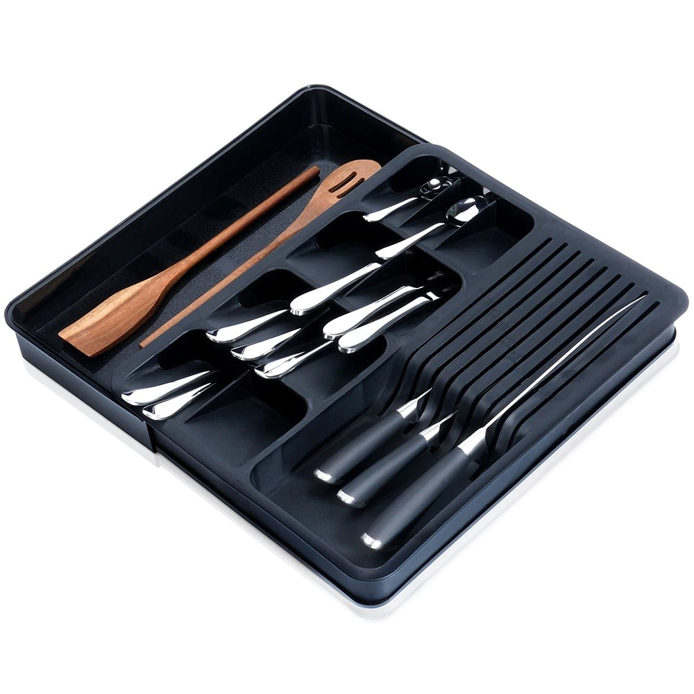 Organizator Tacamuri Vilde pentru sertar, Extensibil 40-45 x 31 cm, 10 compartimente, Plastic, compartiment pentru cutite, culoare Negru [7]