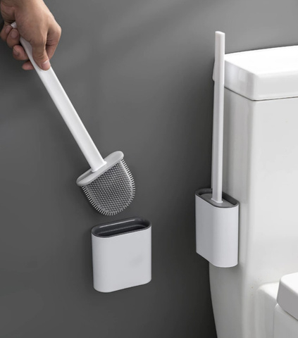 Perie WC din silicon Ruhhy, cap flexibil, suport ventilat, montaj pe perete sau podea, alb/gri, 40 cm [2]