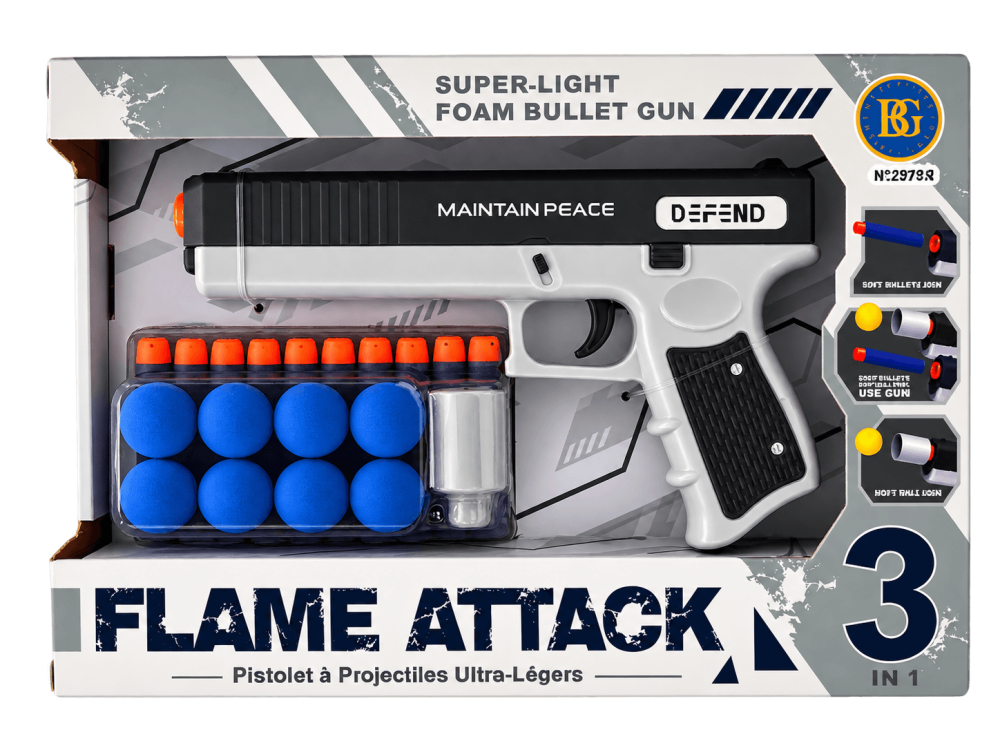 Pistol de jucarie cu proiectile din spuma Flame Attack 3 in 1, 10 sageti si 8 bile EVA, actionare manuala, 22.6 cm, 3+ ani [2]
