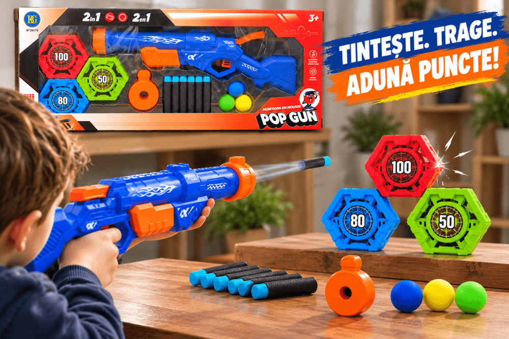 Pusca de jucarie Pop Gun 2 in 1 cu proiectile din spuma, sageti si bile, 3 moduri de tragere, 3 tinte, rosu, 3+ ani [3]