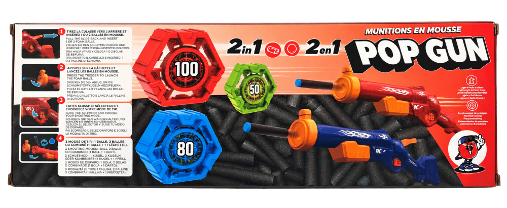 Pusca de jucarie Pop Gun 2 in 1 cu proiectile din spuma, sageti si bile, 3 moduri de tragere, 3 tinte, rosu, 3+ ani [2]